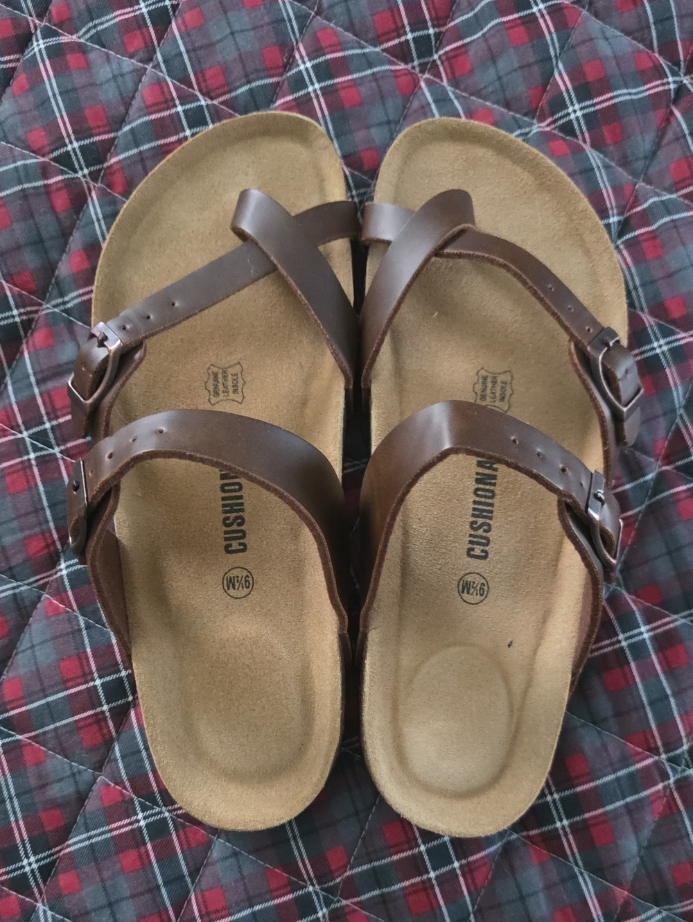 Cushionaire Brown Leather Two-Strap Cork Footbed Sandals